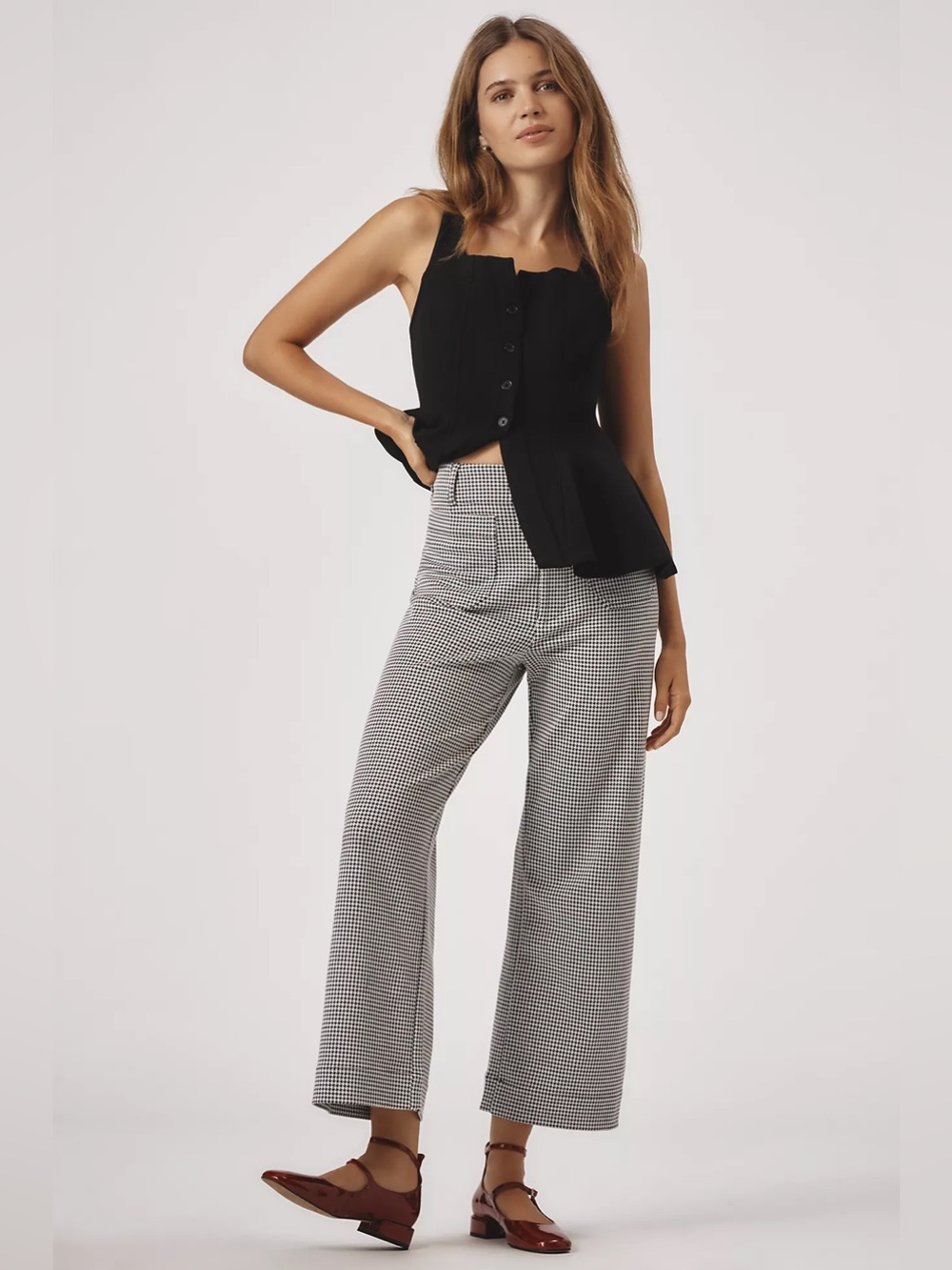 Maeve Anthropologie Colette Houndstooth Crop Wide-Leg Pants gingham picnic 29